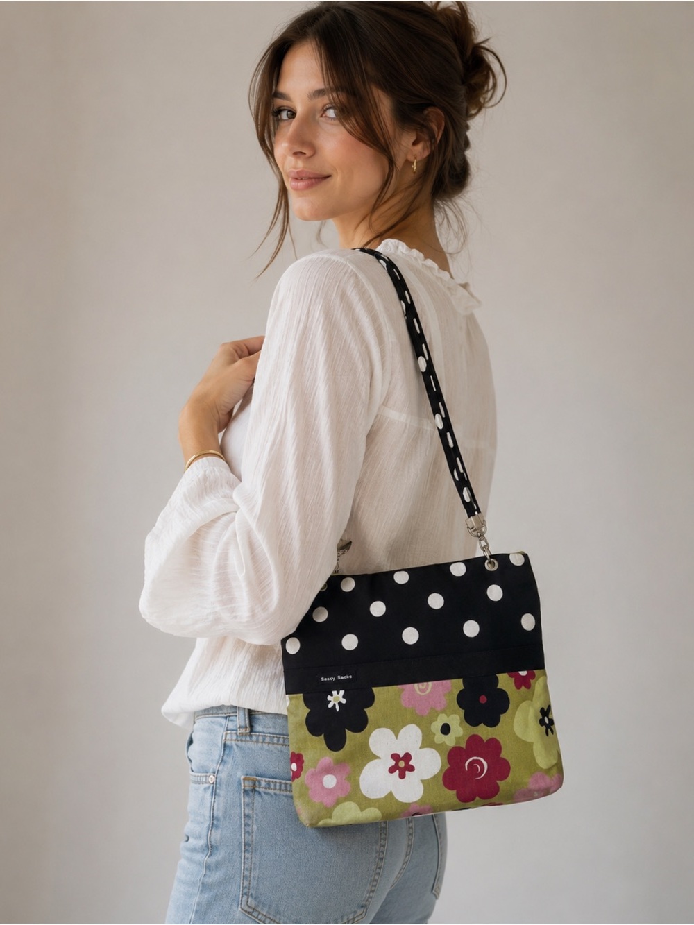 Sassy Sacks Floral & Black Polka Dot Shoulder Crossbody Bag